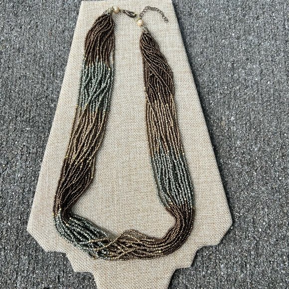Green, Tan and Brown Glass Seed Beaded Necklace - Picture 2 of 7